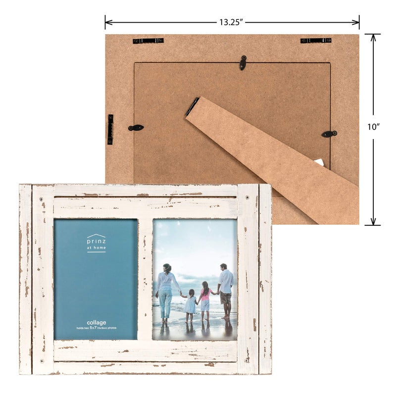 Prinz Homestead Double 5 x 7 Distressed White Wood Frame, Coastal Decor Hand-Distressed Rustic Picture Frame, Two-Way Easel, Can Be Wall-Mounted, Antique White - Image 3